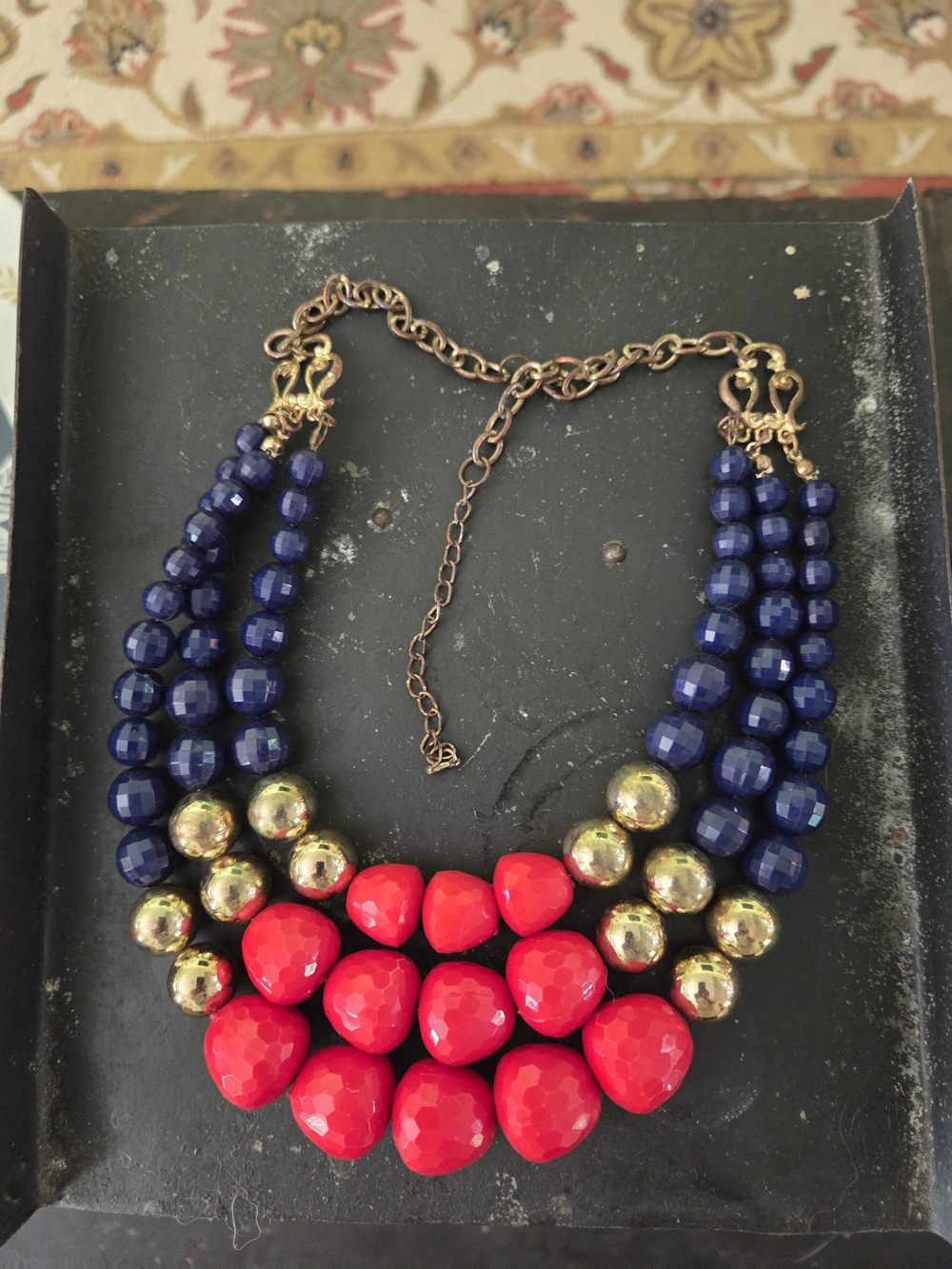 Vintag Bold Navy, Gold & Red Statement Necklace - Women Jewelry